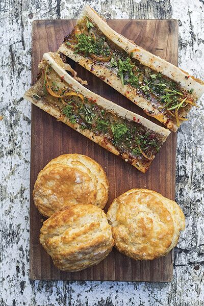 Herb crusted bone marrow, Aleppo pepper buttermilk biscuits, grapefruit-Campari marmaladeThe Lark